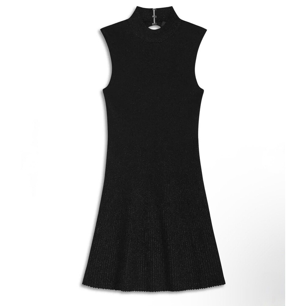 Theory Black Ribbed Knit Stretch Sleeveless Fit & Flare Dress Small Cutout Metal - Picture 2 of 16